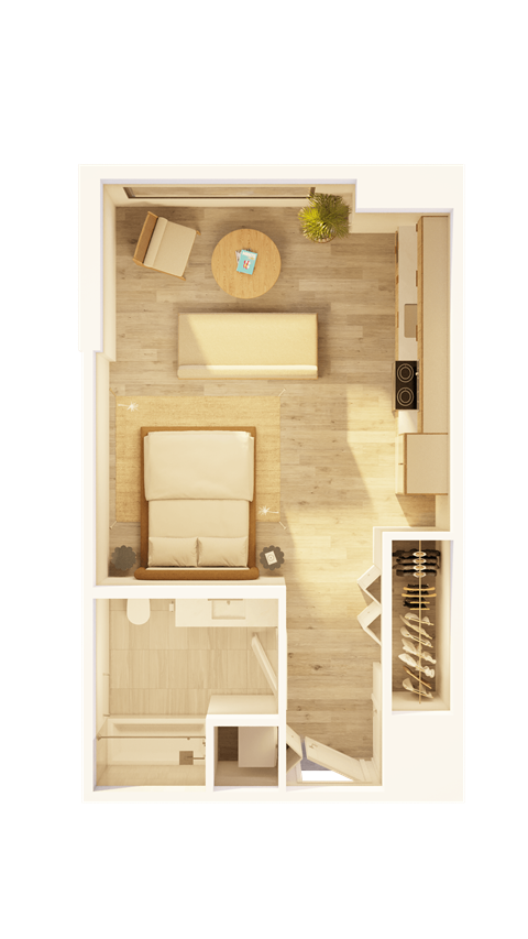 Floor plan for studio, 1 bath, 496 sqft